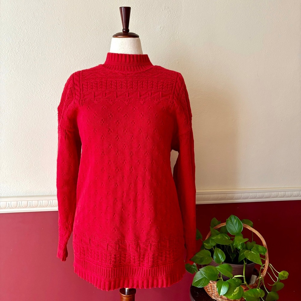 Vintage Lizwear 100% Cotton Red Knit Mock Neck Sweater L Pointelle Knit USA Made